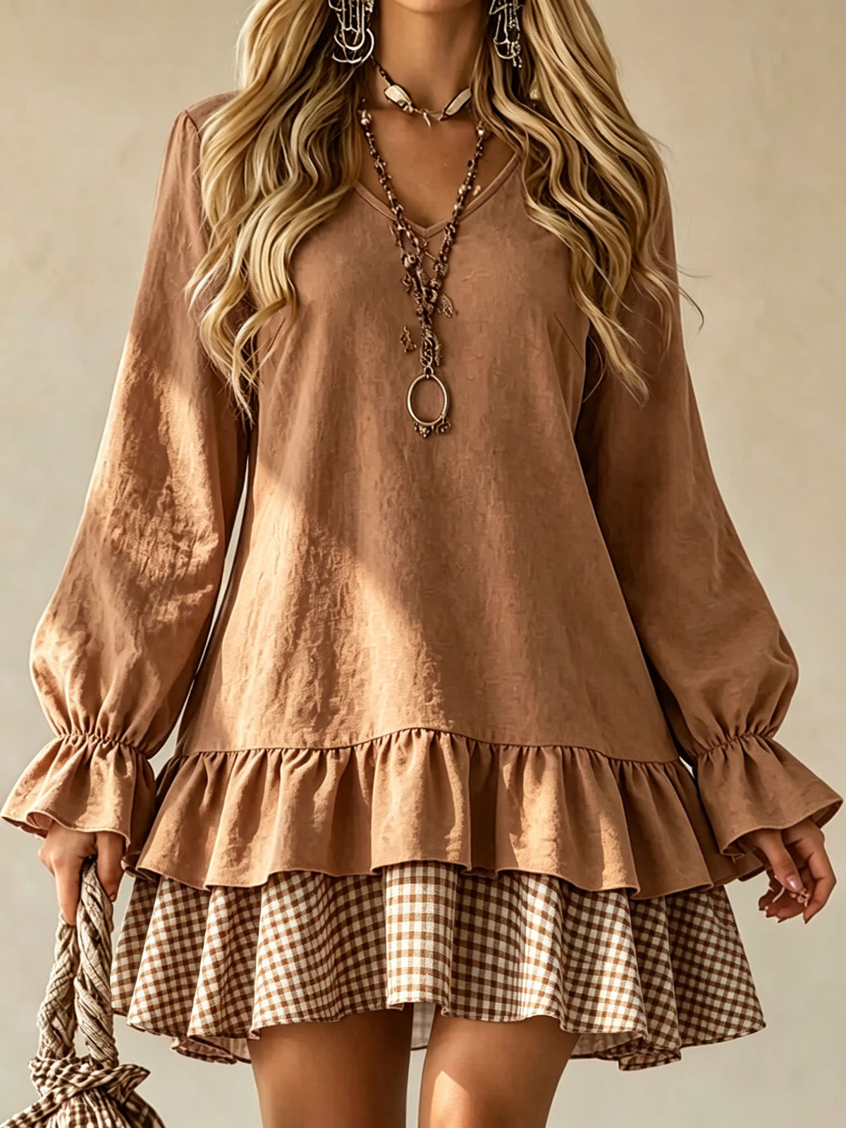 Plaid Patchwork V-Neck Ruffle-Hem Mini Dress