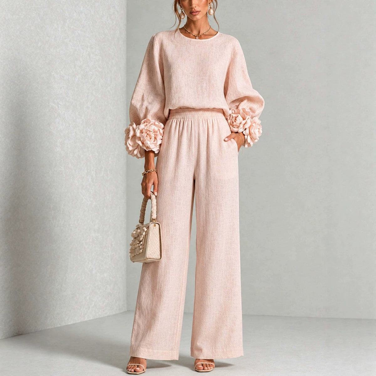 Textured Balloon-Sleeve Top and Wide-Leg Pants Set