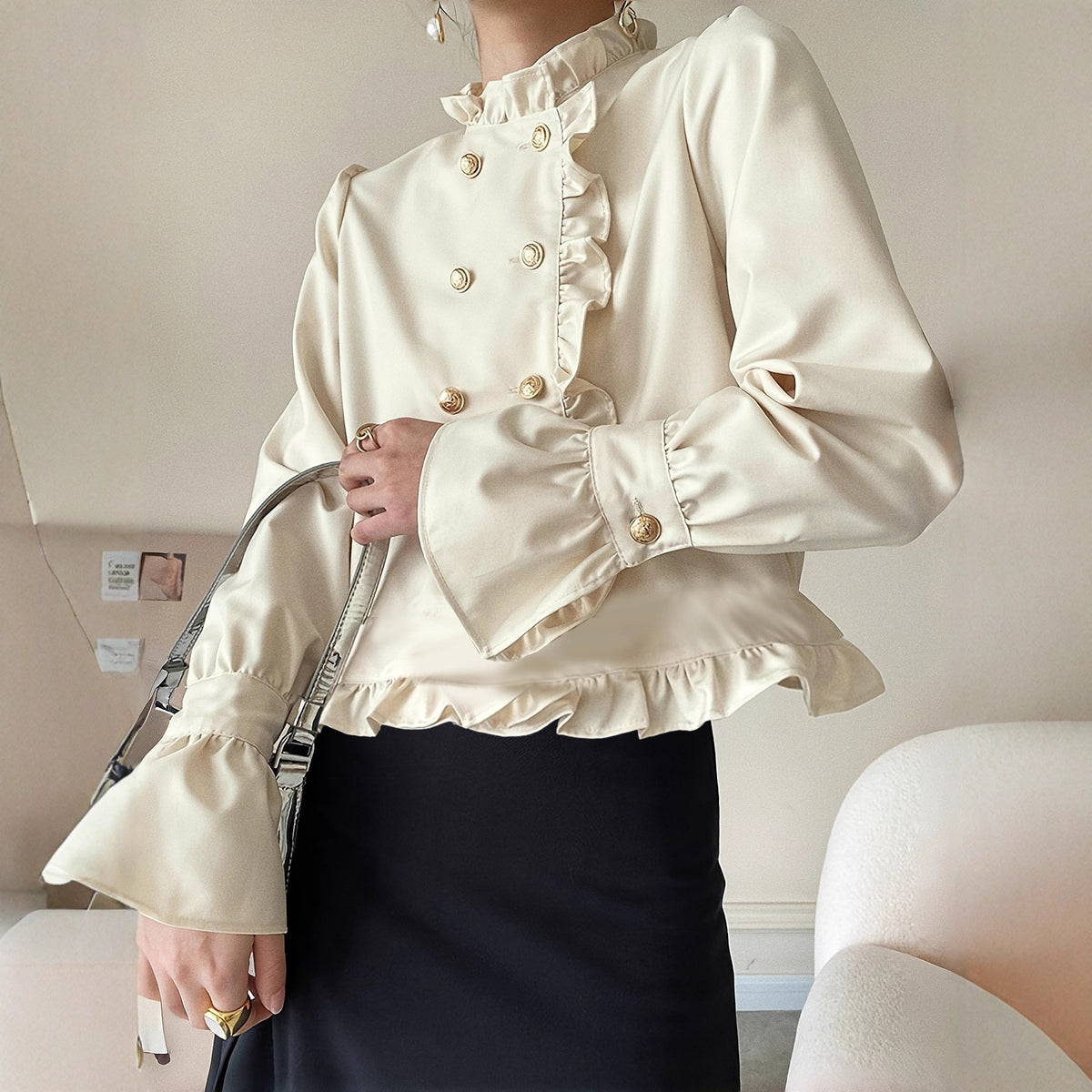 Champagne Satin Ruffle-Trim Double-Breasted Cardigan