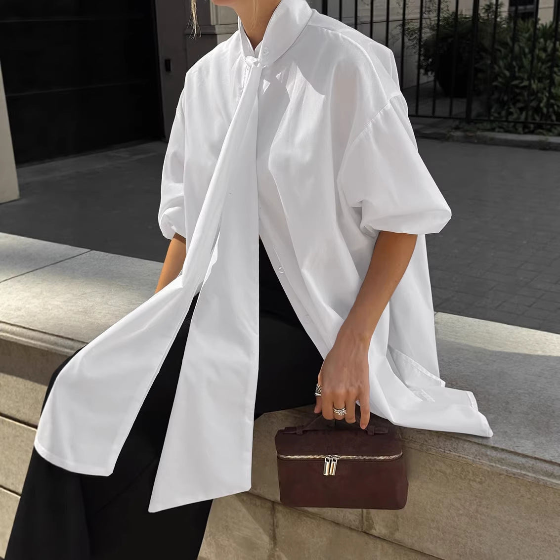 White Satin Tie-Neck Relaxed Workwear Blouse
