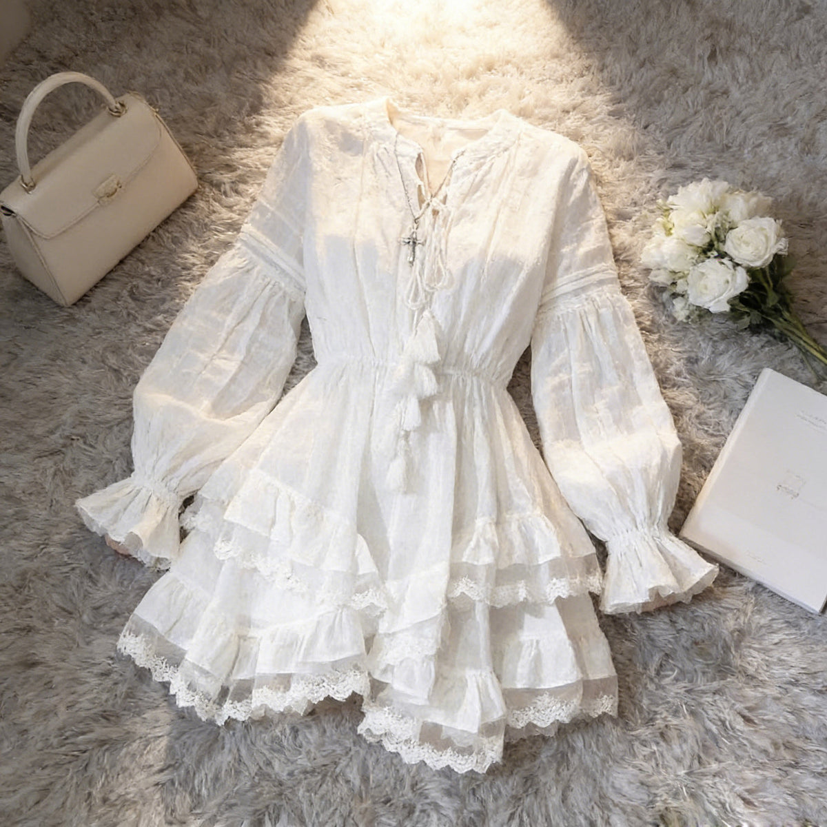 White Lace-Trim Ruffle Tie-Front Mini Dress