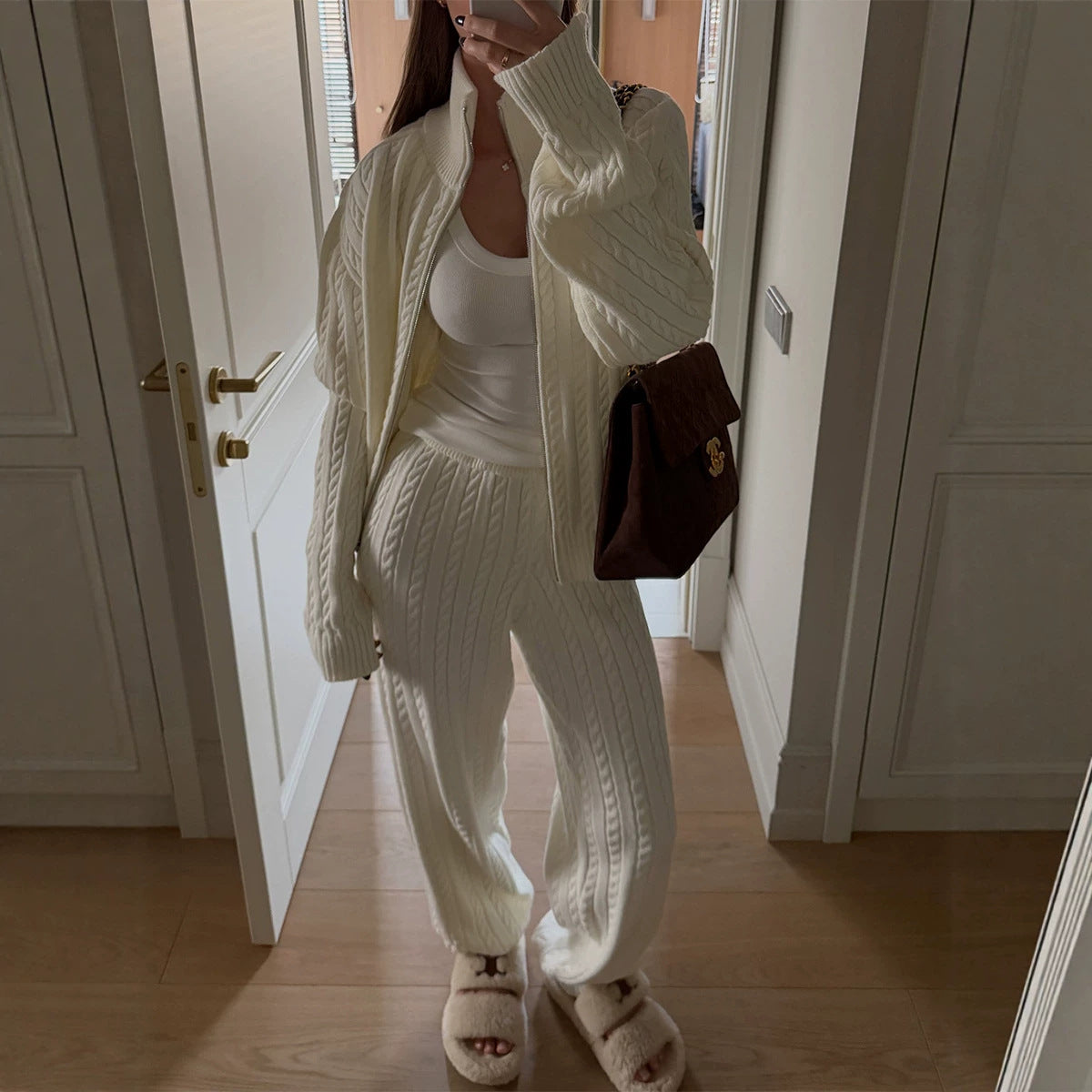 Warm Casual Cable-Knit Turtleneck Zip-Up Sweater And Pants Set