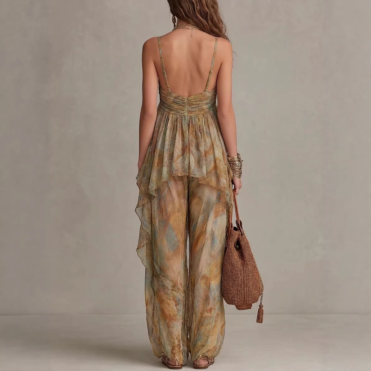 Printed Camisole And Loose Straight-leg Pants Set