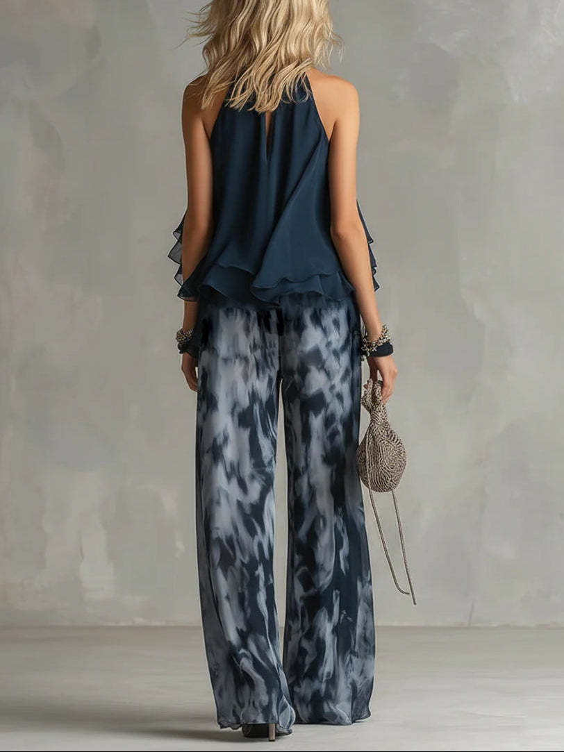 Navy Blue Halter Ruffle Top and Wide-Leg Pants Set