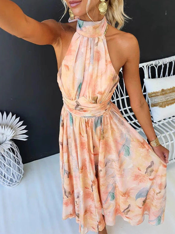 Pastel Abstract Print Halter-Neck Midi Dress