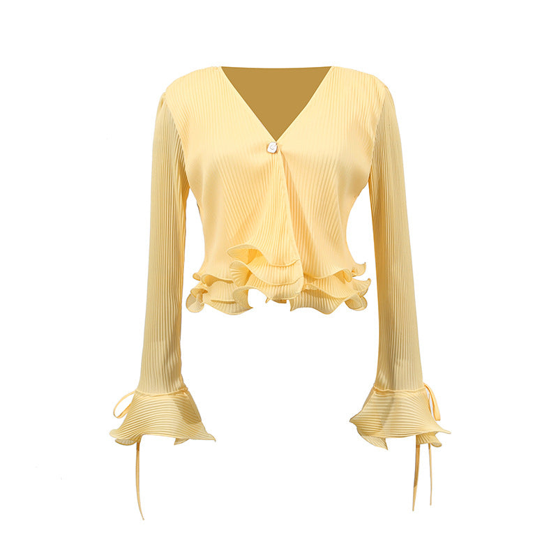 Ribbed V-Neck Flared-Sleeve Ruffle Top