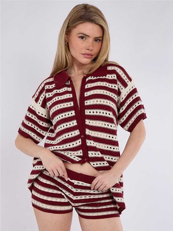 Contrast-Trim Crochet Knit Top and Shorts Set