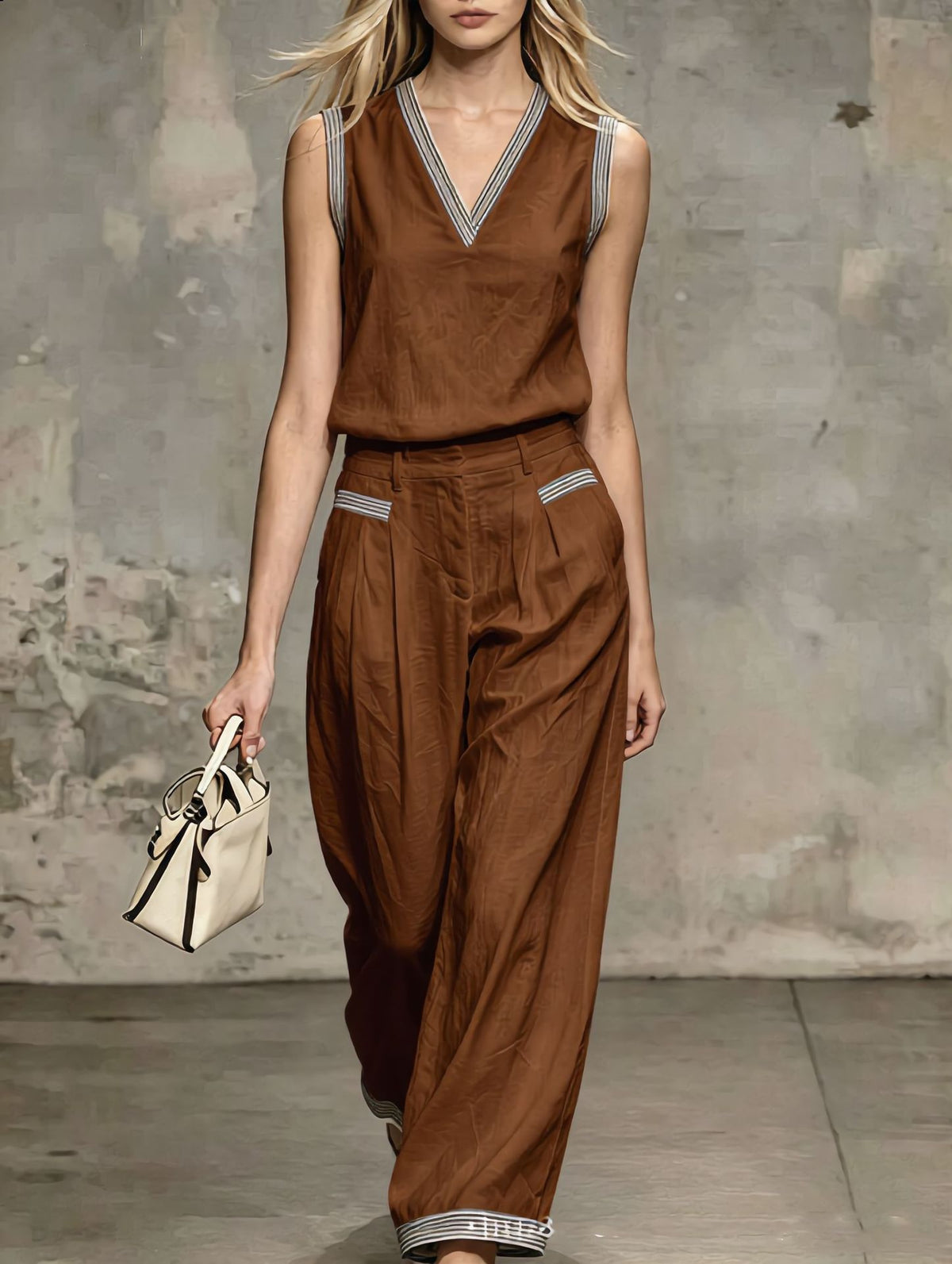 V-neck Vest Linen Sleeveless Top Wide-leg Pants
