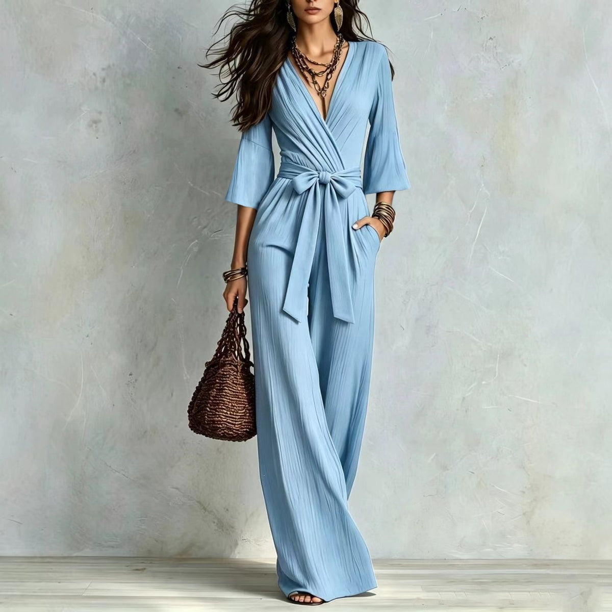 Deep V-neck Jumpsuit With Bubble Sleeves And Wide-leg Pants