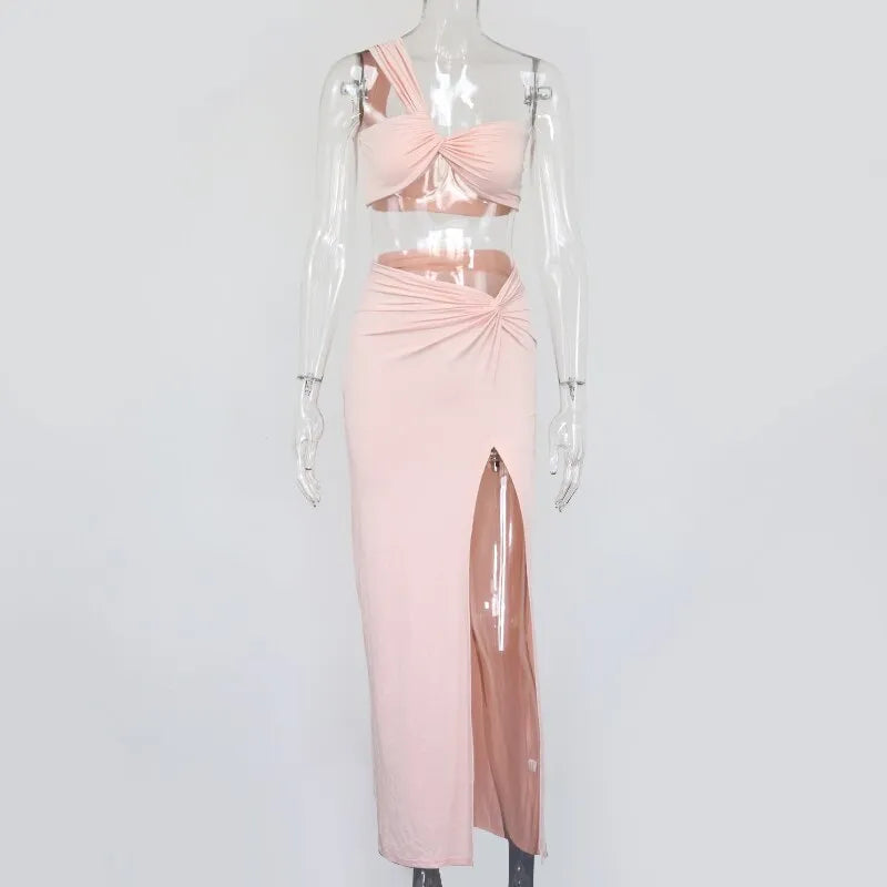 Temperament Elastic Tube Top Irregular Top + Twisted Slit High Waist Skirt Suit Y