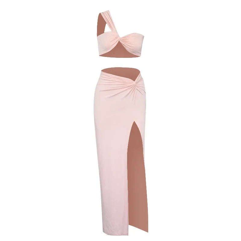Temperament Elastic Tube Top Irregular Top + Twisted Slit High Waist Skirt Suit Y
