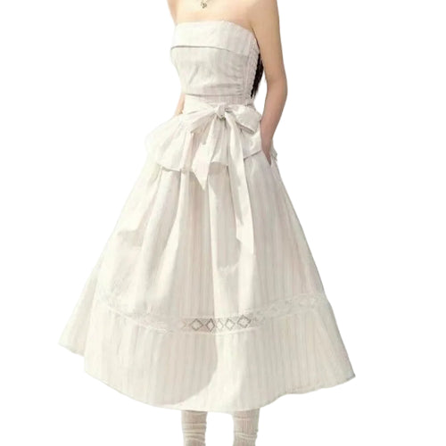 Striped Spaghetti Straps Bandeau Slim-fit Slimming Lace Up Dress