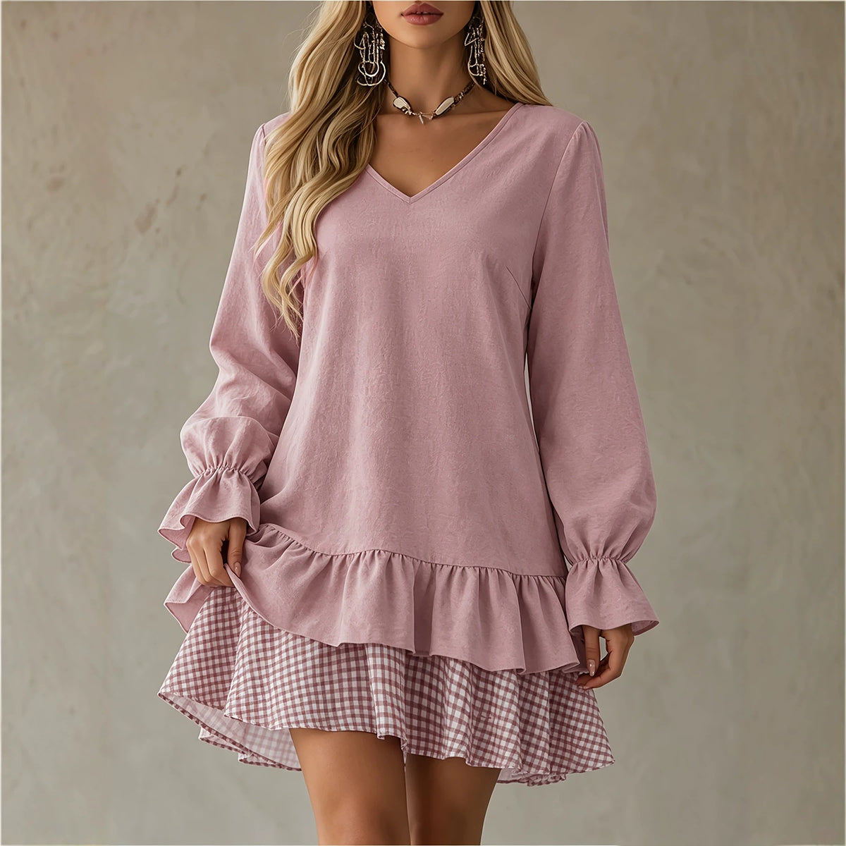 Plaid Patchwork V-Neck Ruffle-Hem Mini Dress