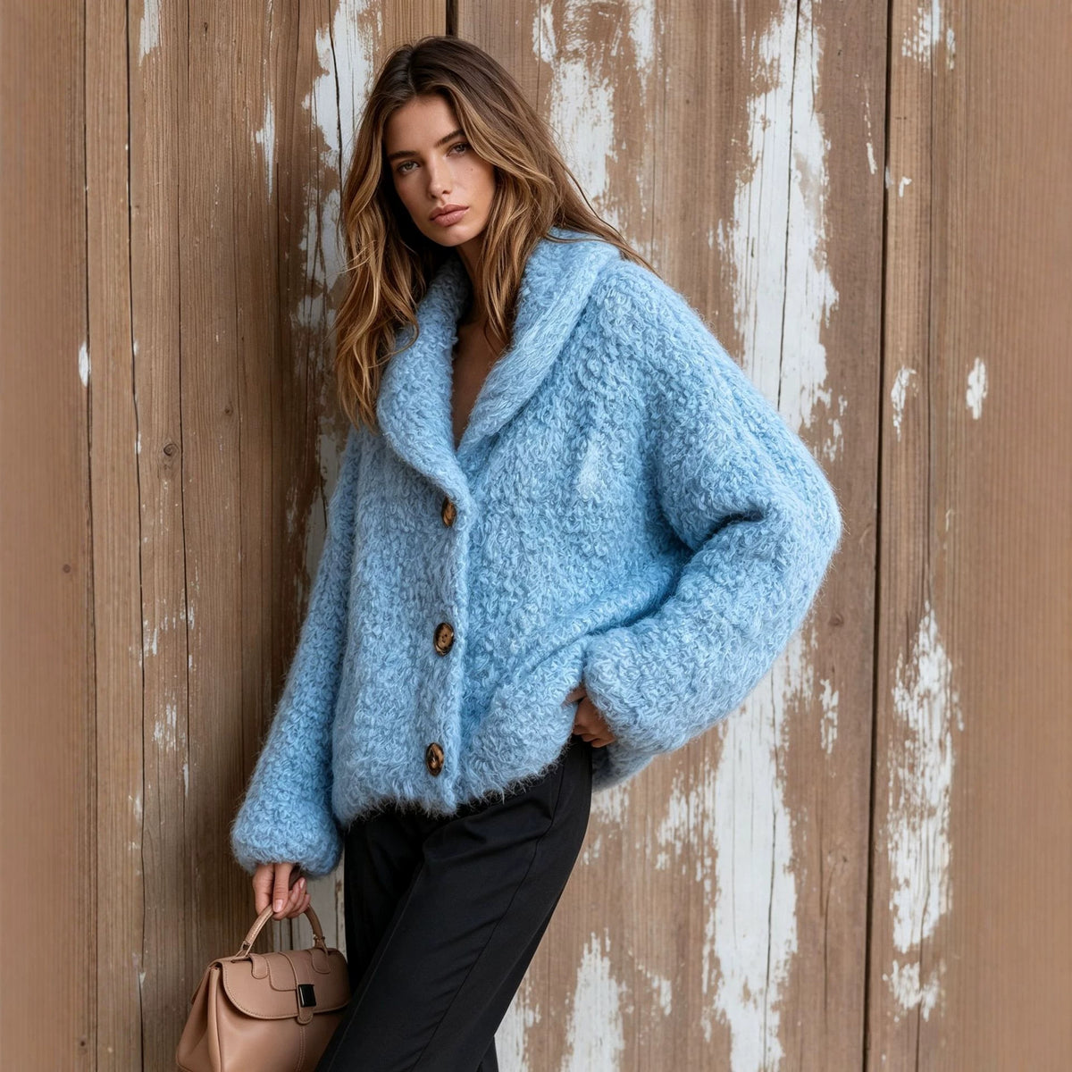 Light Blue Faux Shearling Button Jacket