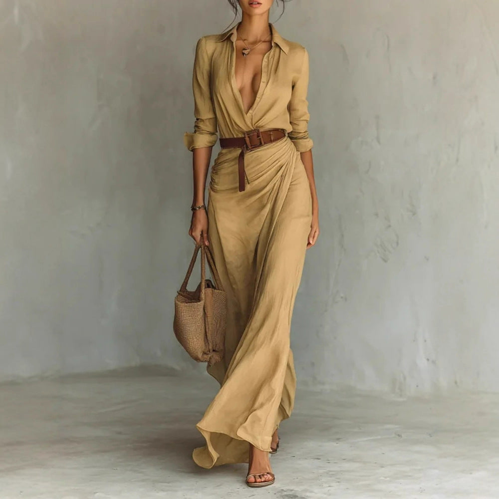 Deep V Shirt-Collar Ruched Maxi Dress