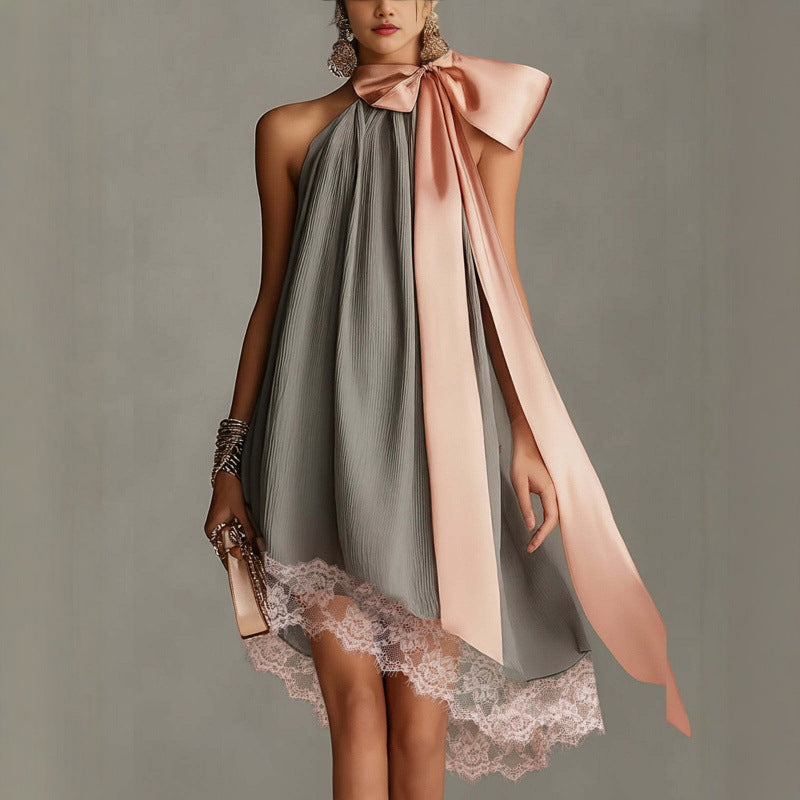 Pleated Halter Mini Dress with Lace Hem and Bow Scarf