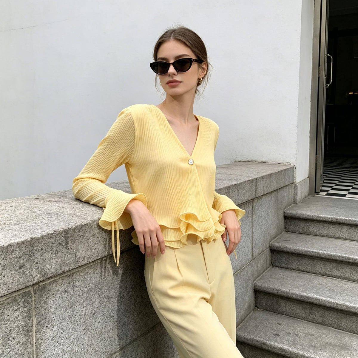 Ribbed V-Neck Flared-Sleeve Ruffle Top