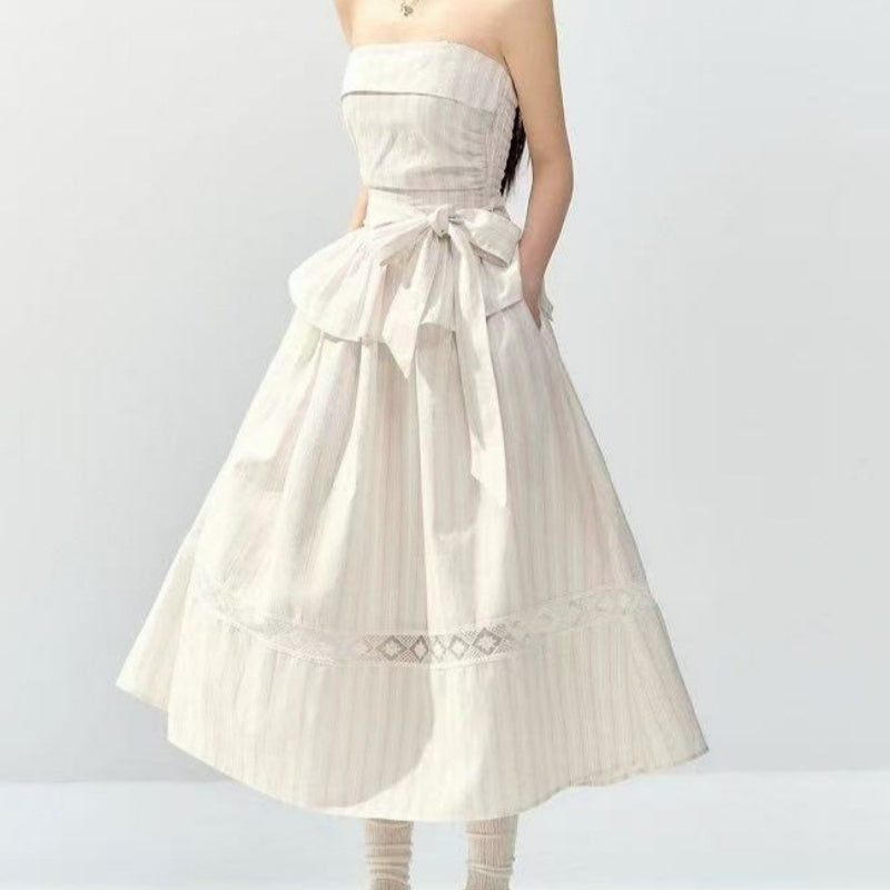 Striped Spaghetti Straps Bandeau Slim-fit Slimming Lace Up Dress