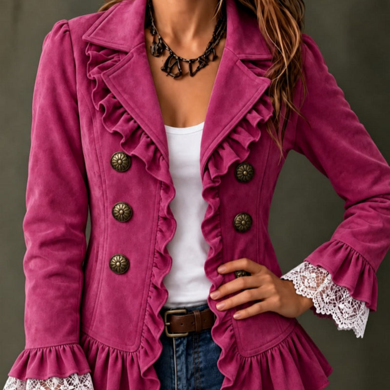 Fuchsia ruffle trim double-breasted peplum blazer with lace cuffs