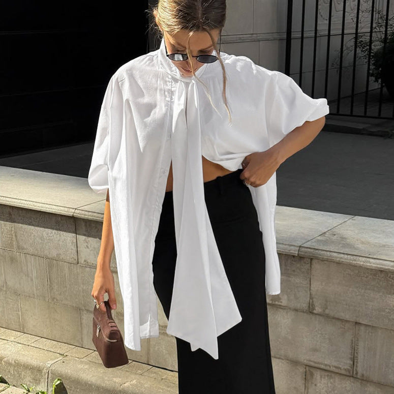 White Satin Tie-Neck Relaxed Workwear Blouse