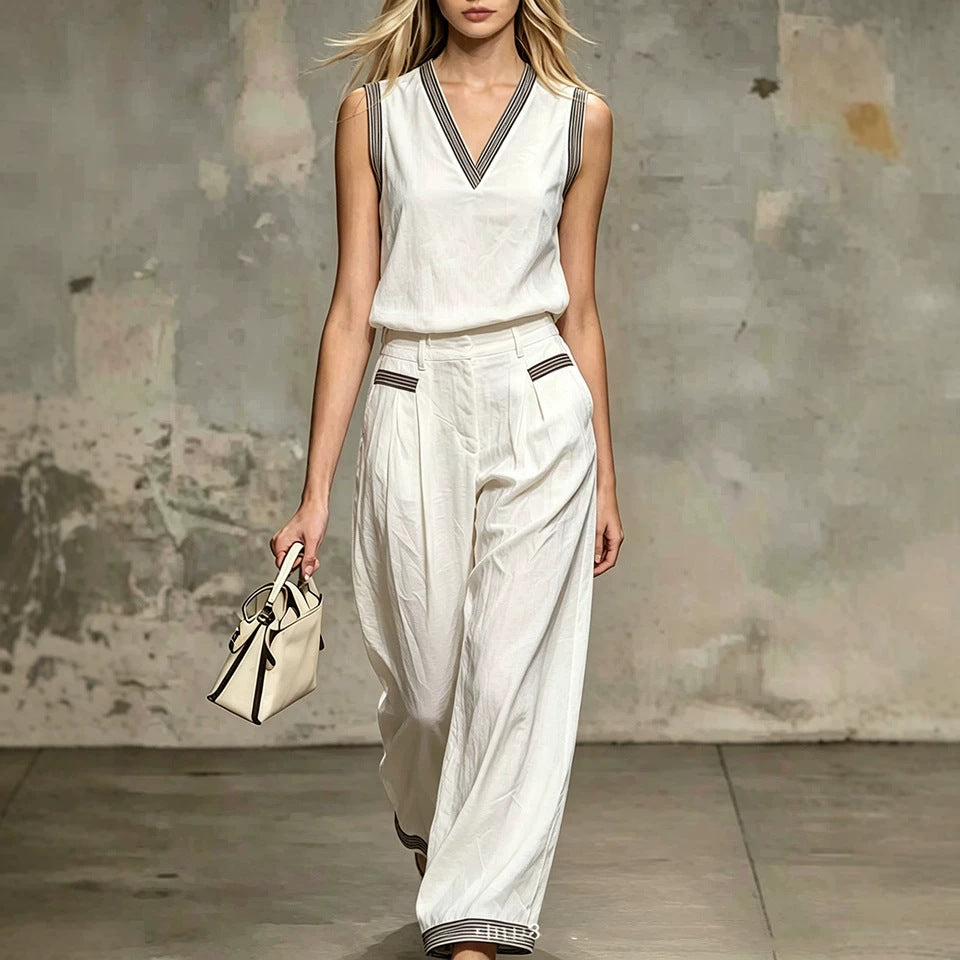 V-neck Vest Linen Sleeveless Top Wide-leg Pants