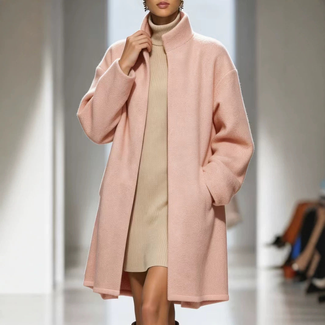 Soft Pink Longline Stand-Collar Coat