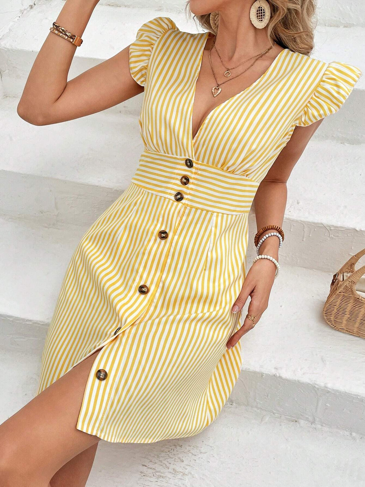 Yellow Striped V-Neck Button-Front Ruffle Mini Dress