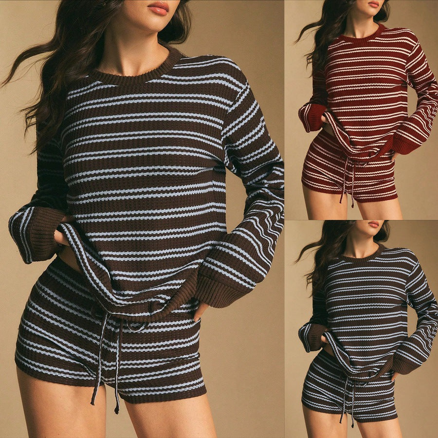Striped Knit Long-Sleeve Top and Drawstring Shorts Set