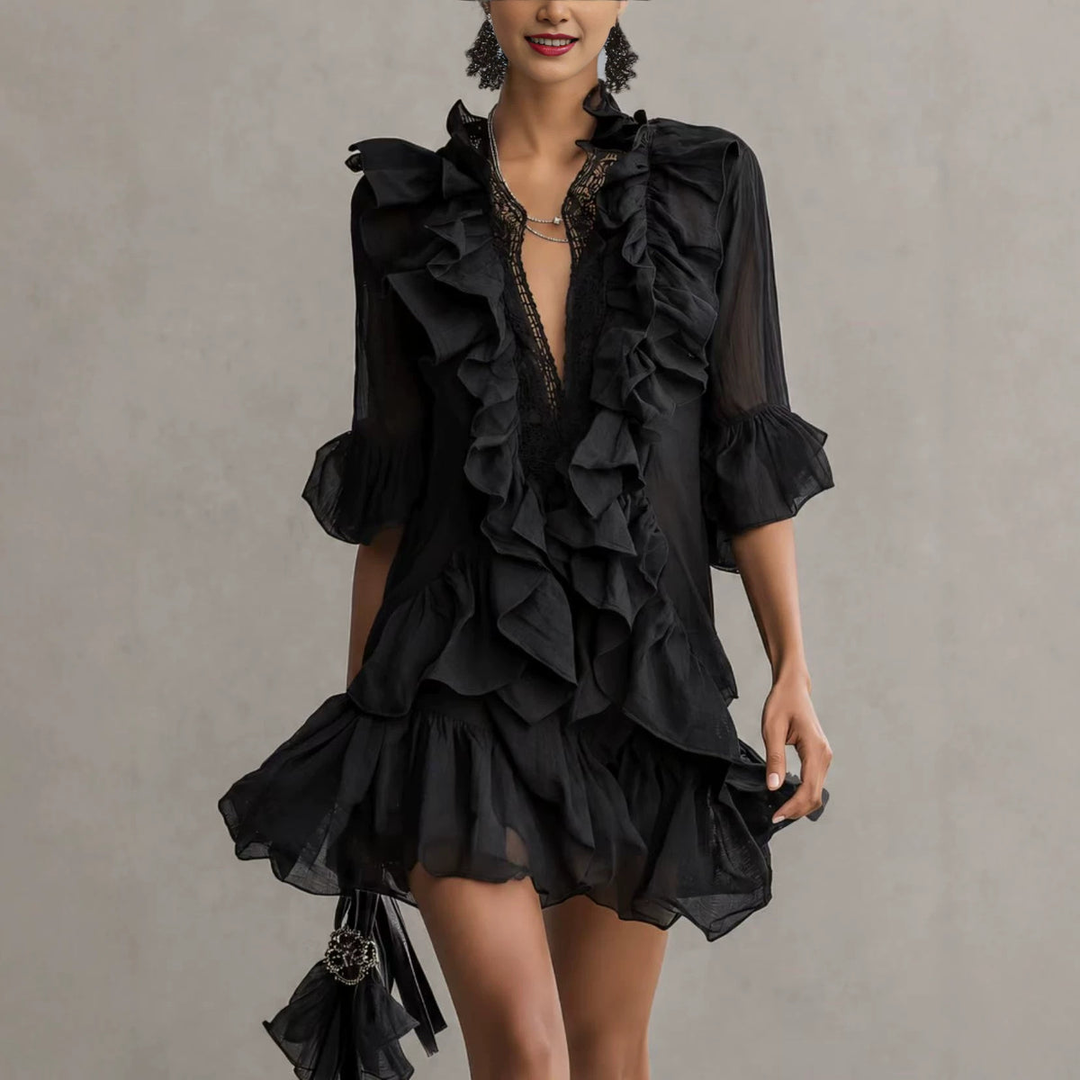 Black Ruffle-Front Bell-Sleeve Chiffon Mini Dress