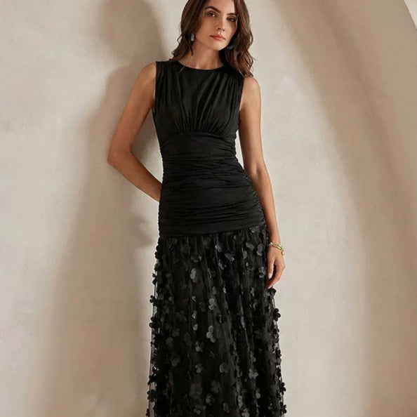 Black Ruched Bodice Textured Floral Maxi Dress