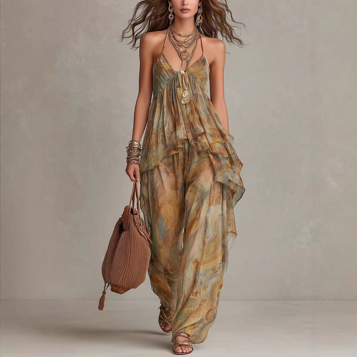 Printed Camisole And Loose Straight-leg Pants Set
