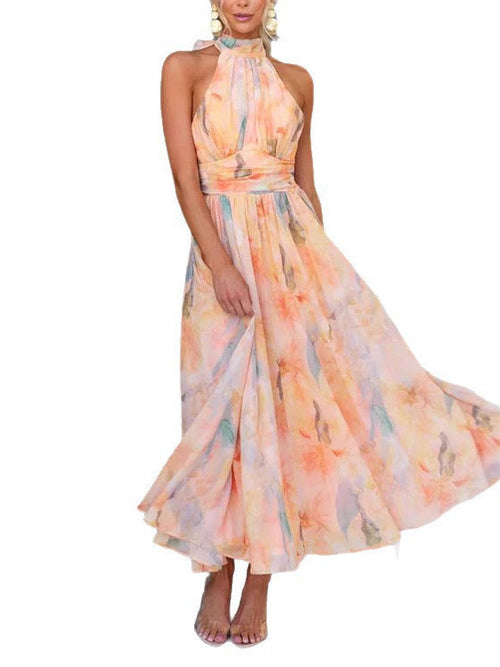 Pastel Abstract Print Halter-Neck Midi Dress