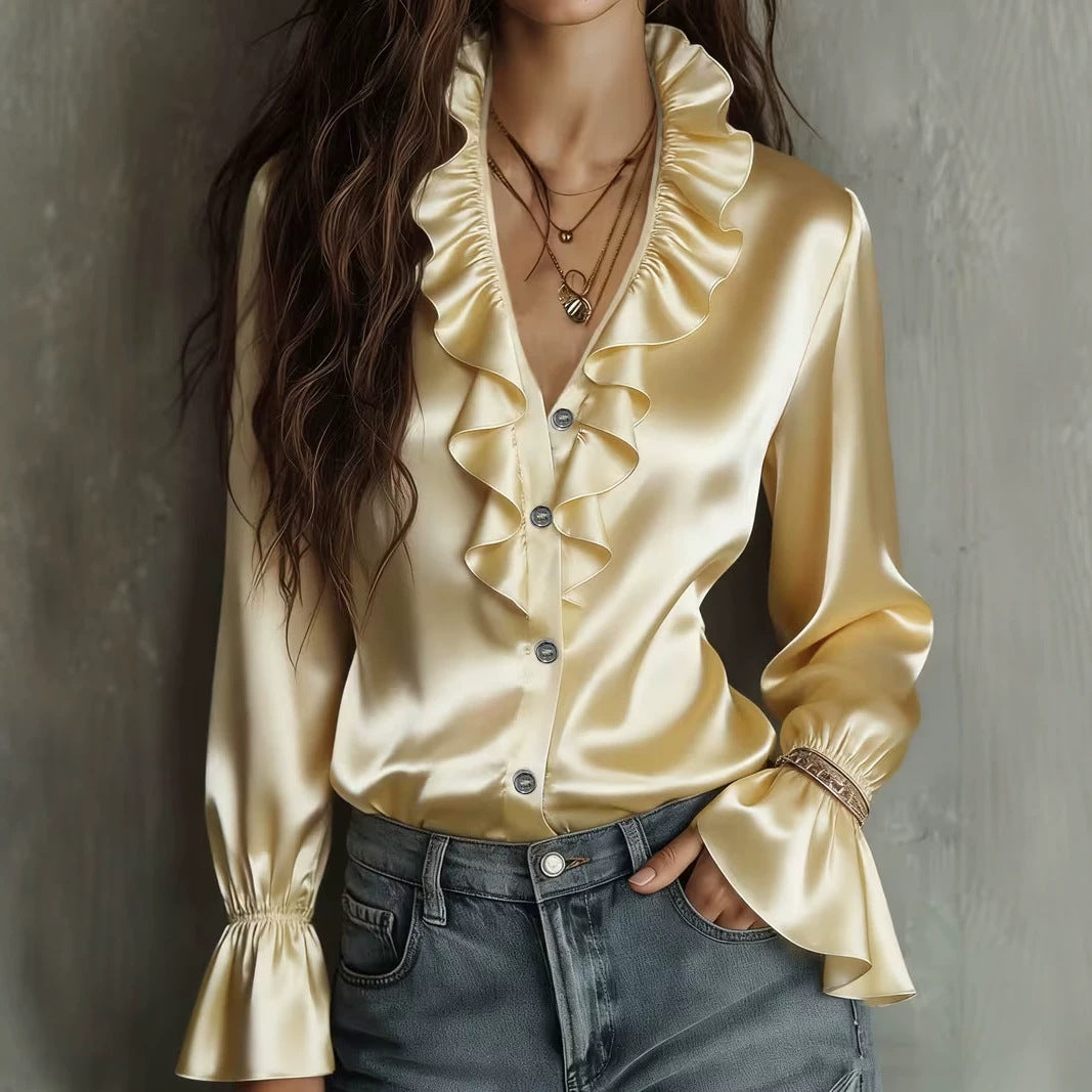 Satin Ruffle-Front Flared-Sleeve Blouse