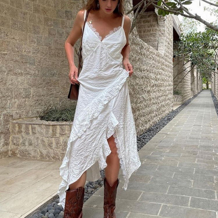 Beige Pleated Ruffle-Trim Strap Maxi Dress
