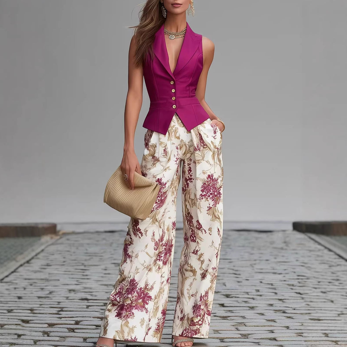 Elegant Button Tank Top & Slim Wide Leg Pants Two Piece Set
