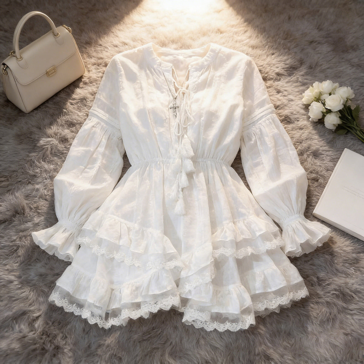 White Lace-Trim Ruffle Tie-Front Mini Dress