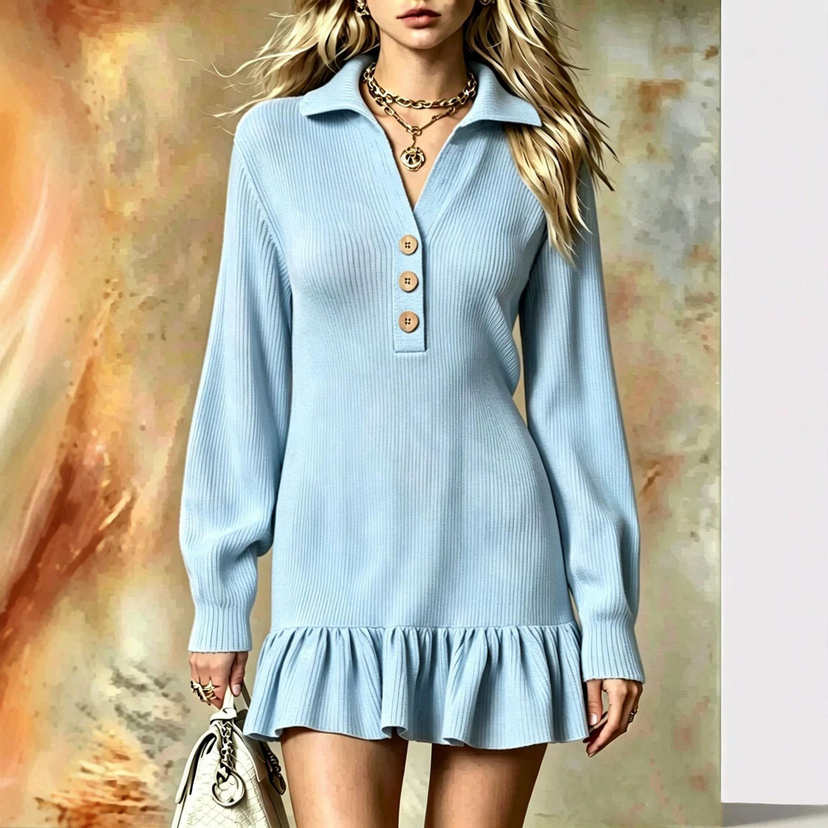 Ribbed Polo-Collar Ruffle-Hem Midi Dress