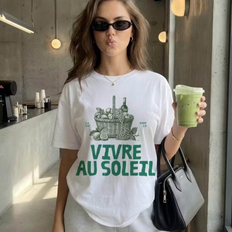 To Live In The Sunshine French Graphic T-Shirt Woven Basket Wine Tee