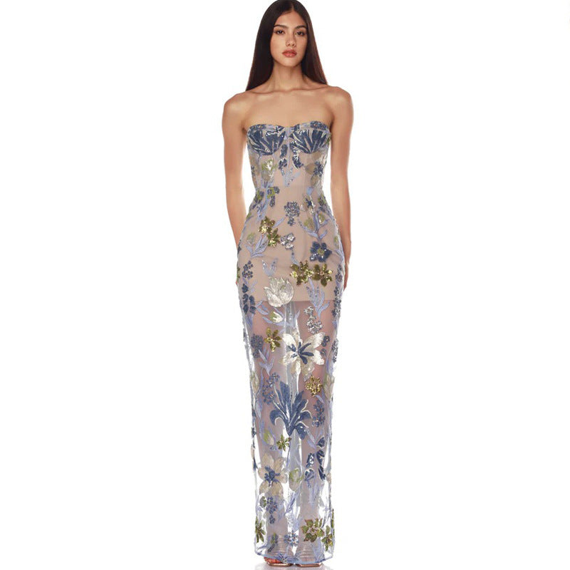 Embroidered Beaded Floral Strapless Dress