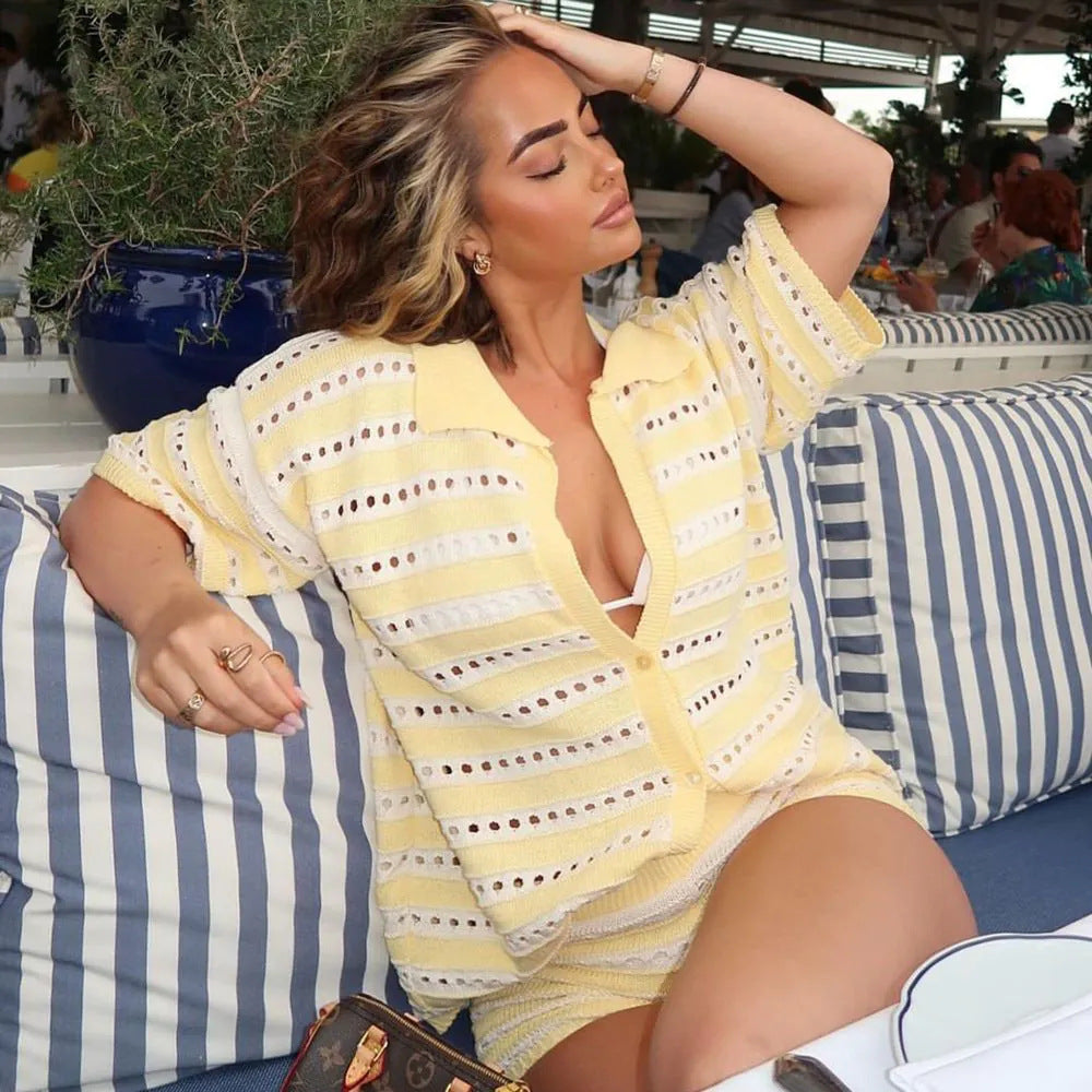 Contrast-Trim Crochet Knit Top and Shorts Set