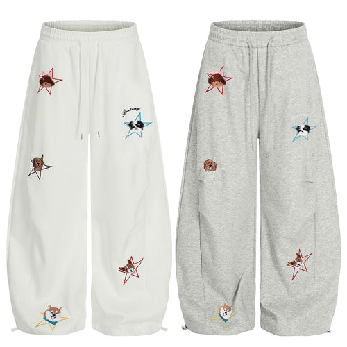 High-Stretch Cartoon Embroidered Wide-Leg Sweatpants