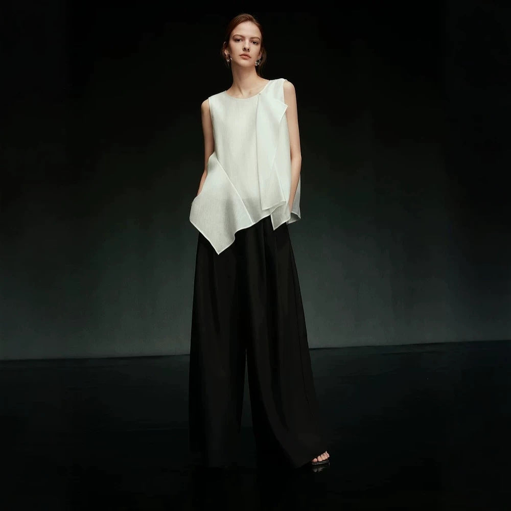 White Sculptural Pleated Sleeveless Tunic Top