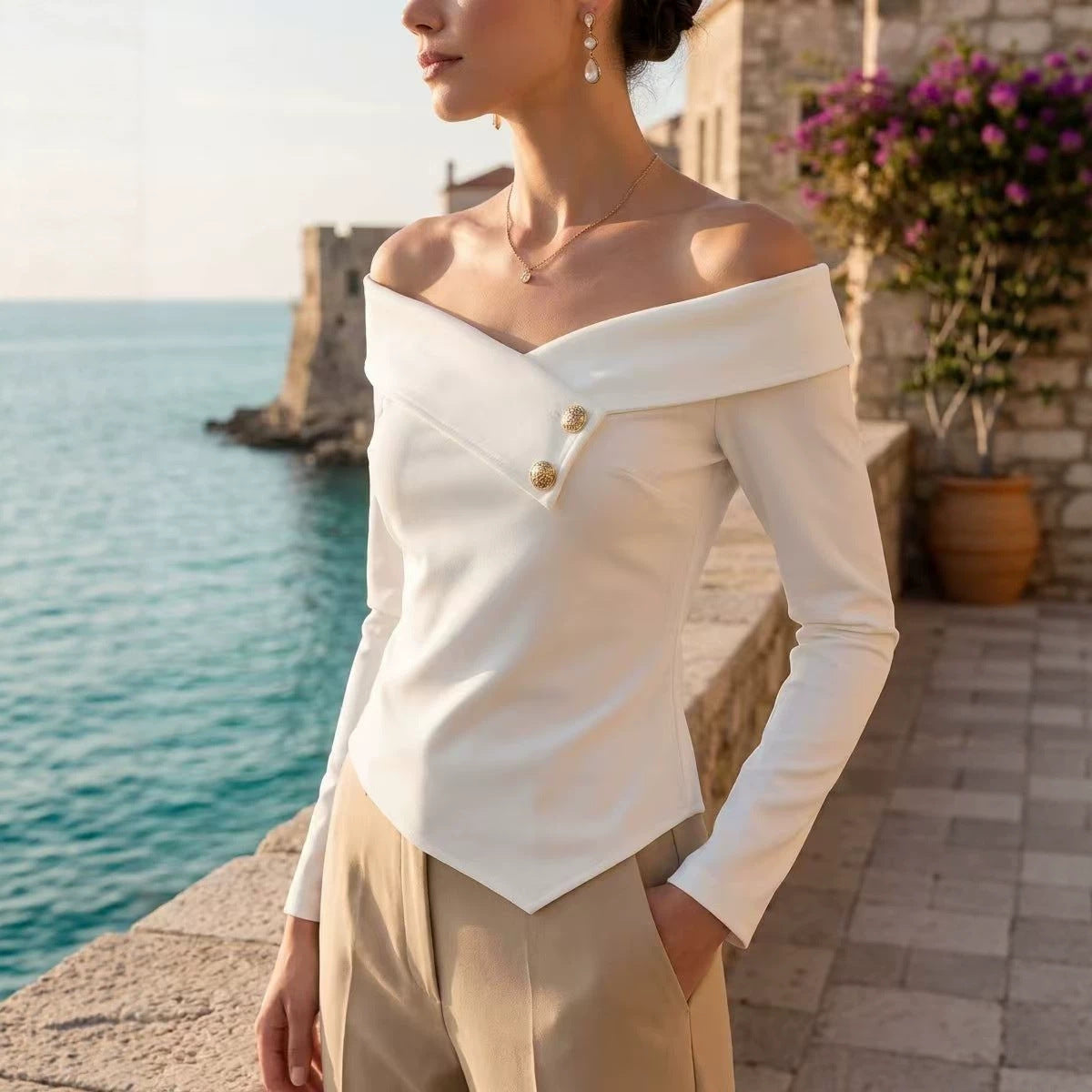Off-Shoulder Fold-Over Collar Button-Detail Slim-Fit Top