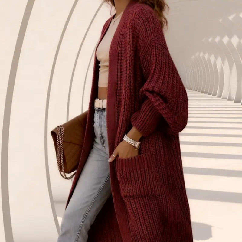Wine Red Longline Ribbed-Knit Open-Front Cardigan