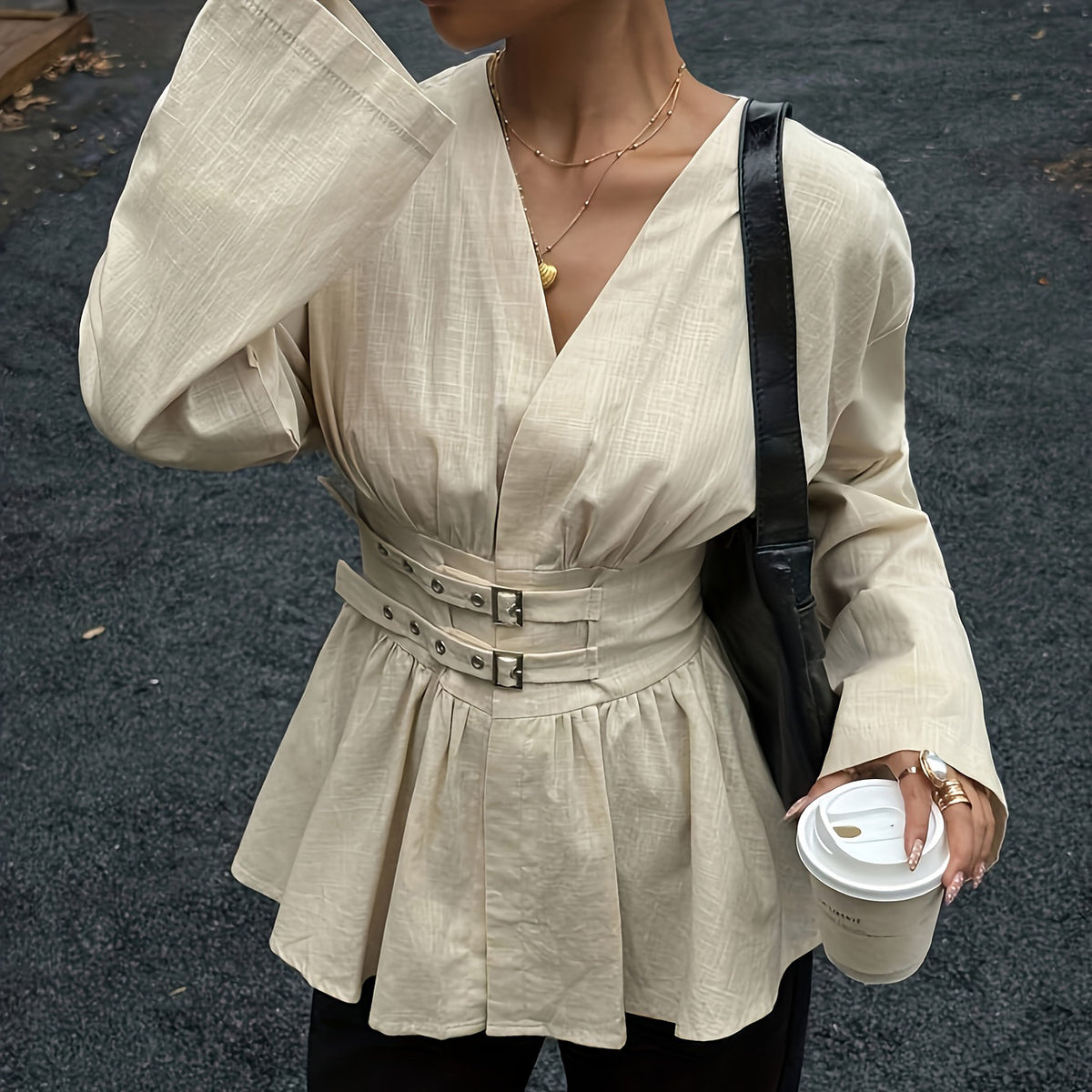 Apricot V-Neck Double-Belt Peplum Blouse