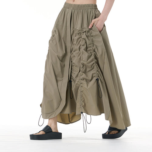Pleated Drawstring Button-Detail Flare Midi Skirt