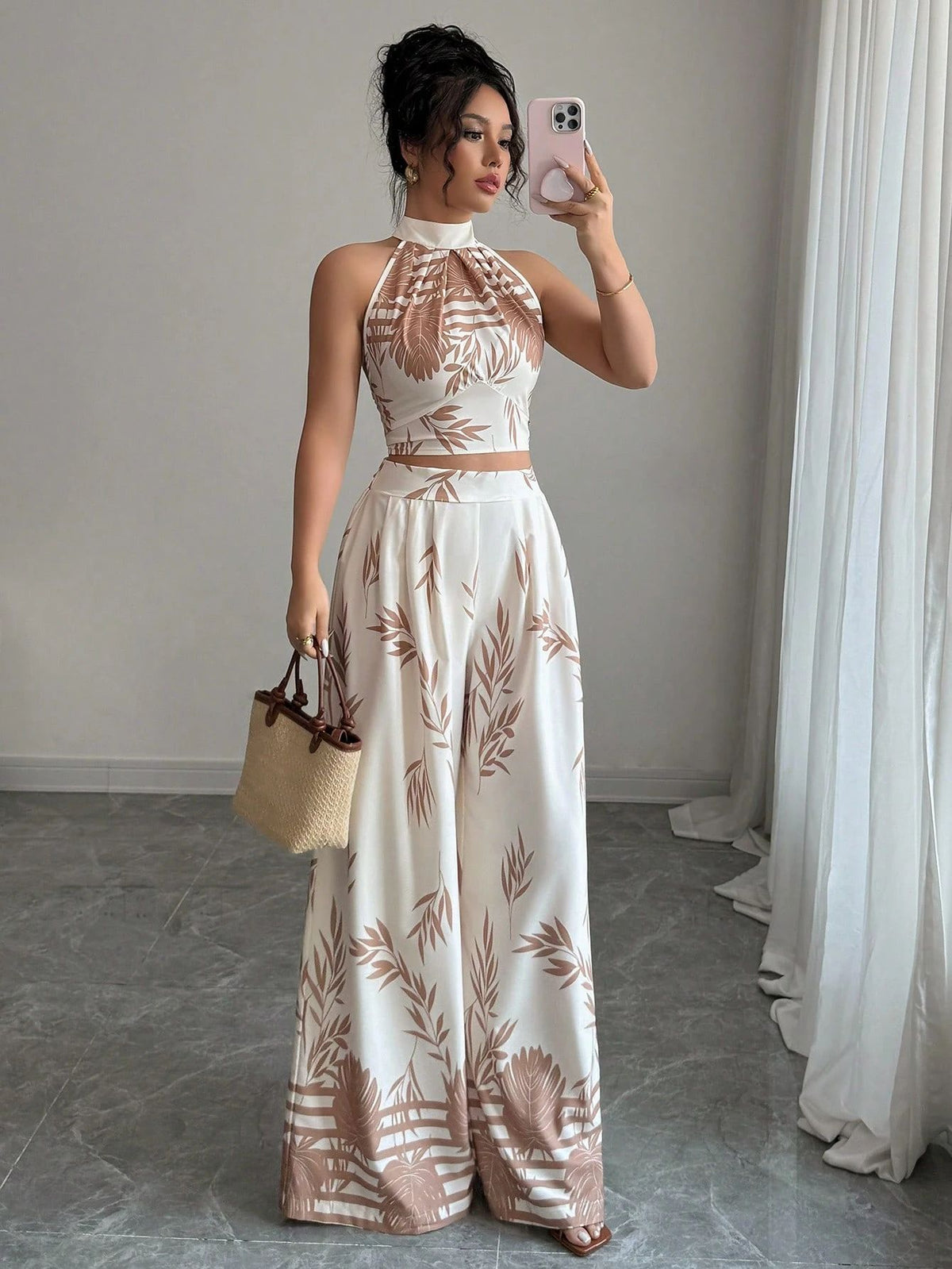 Botanical Print Halter Crop Top and Wide-Leg Pants Set