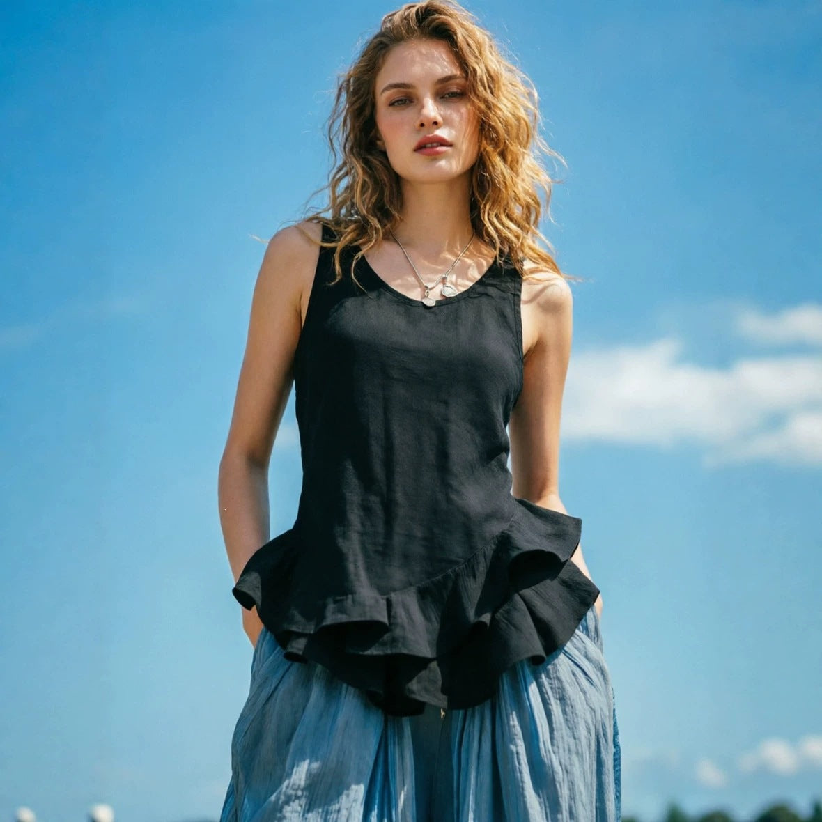 Washed Linen-Blend Ruffle-Hem Sleeveless Top
