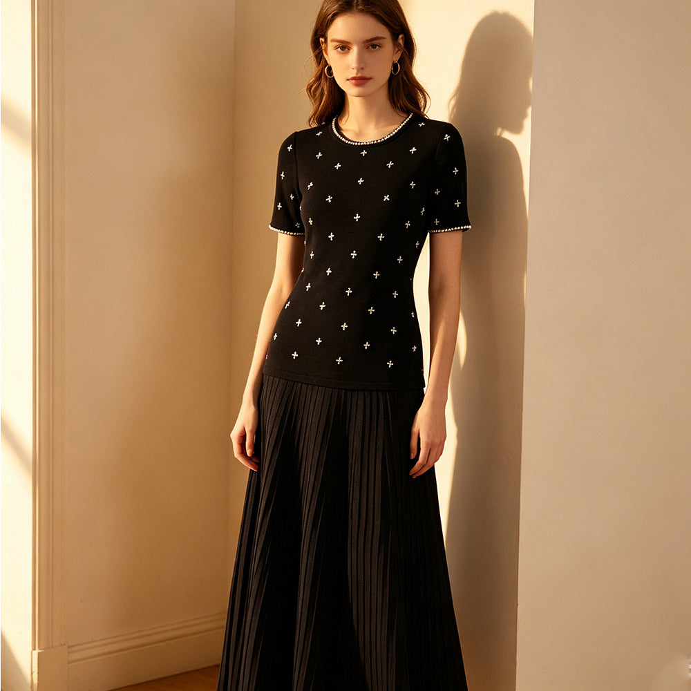 Geometric Embellished Knitted Pleated Maxi Dress