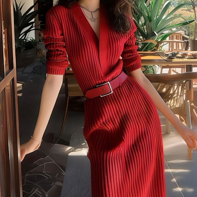Pleated Knit V-Neck Belted Maxi Dress